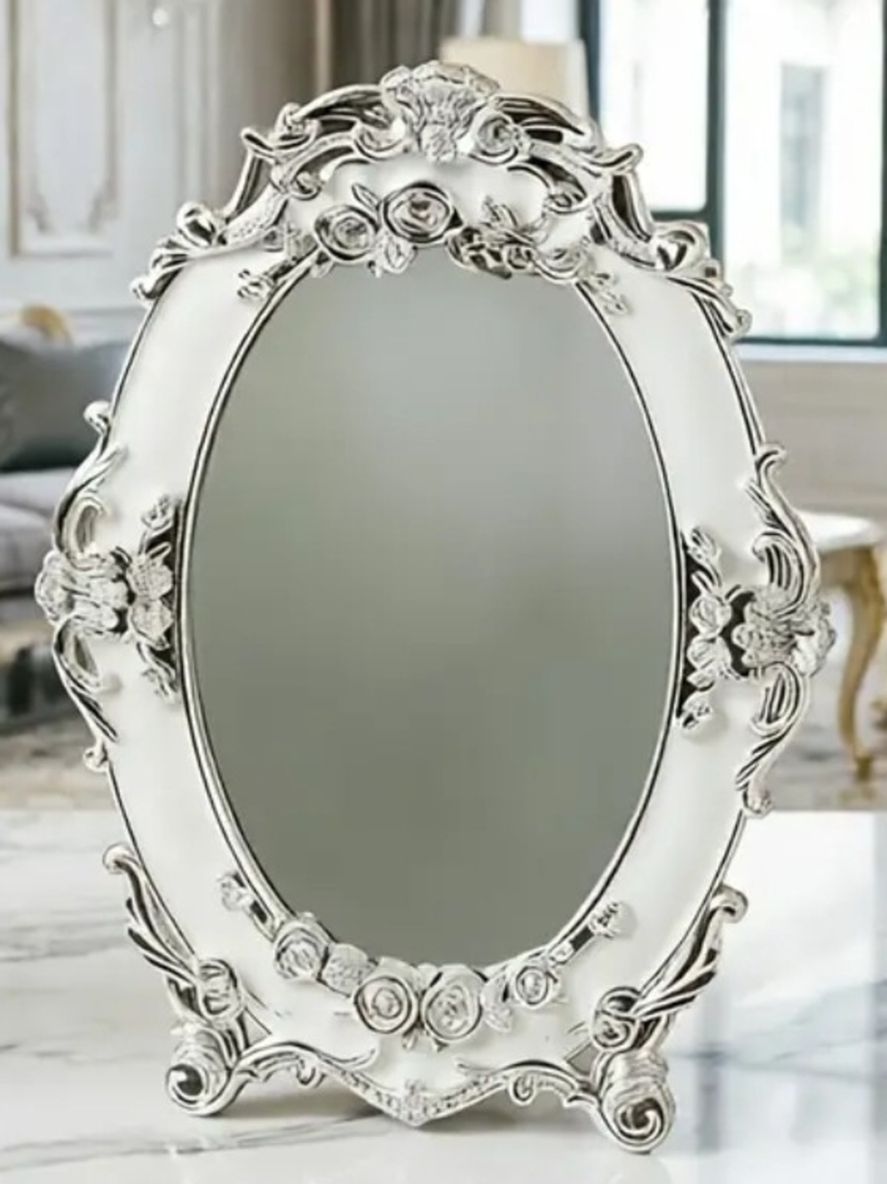Ornate Silver Tone Oval Table Mirror